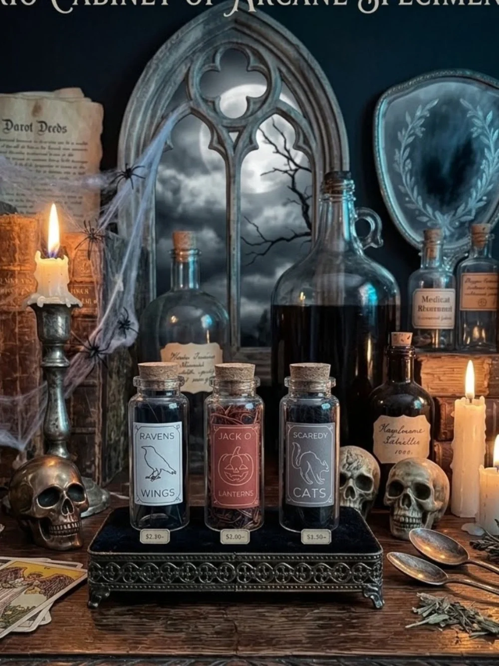Spooky Halloween Mini Glass Potion Bottle Set – Ravens, Cats & Pumpkins